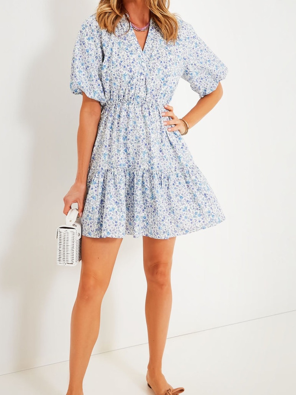 Tuckernuck Hyacinth House Blue Ditsy Loren Floral Puffed Sleeve Boho Mini Dress